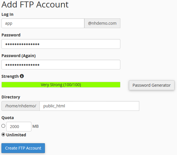 cPanel Creating FTP Account