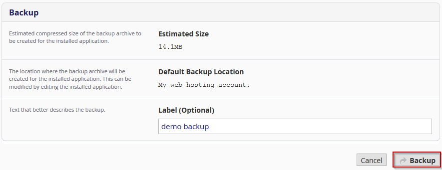 Installatron backup screen