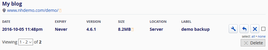 Installatron My Backups tab